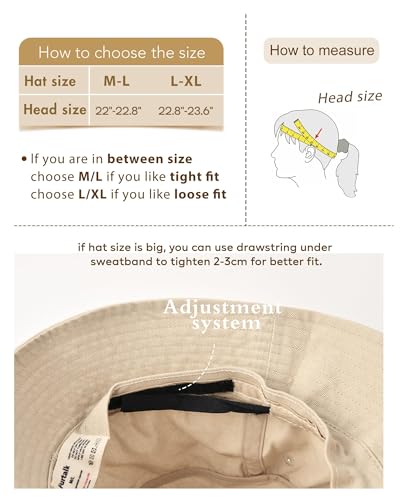 FURTALK Bucket Hats for Women Washed Cotton Packable Summer Beach Sun Hats Bucket Hat with Strings for Travel - color: Beige