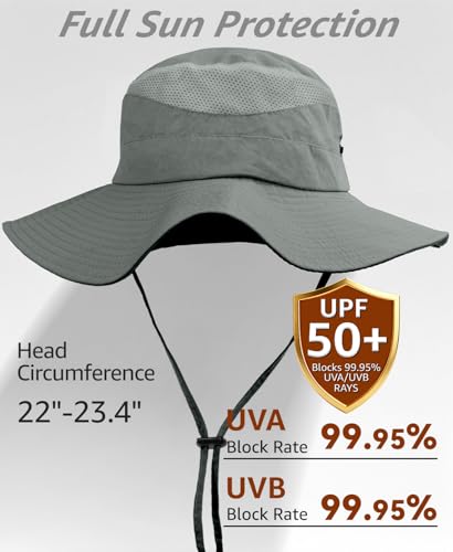 Wide Brim Sun Hat for Men Women, UPF 50+ Waterproof Packable Bucket Boonie Safari Fishing Hat - color: Light Grey
