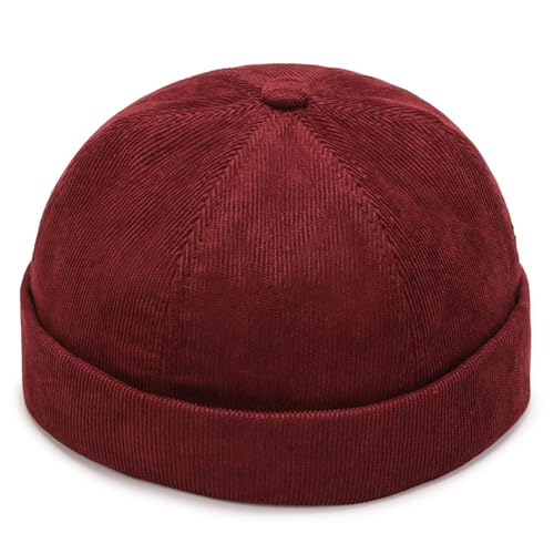 Corduroy Brimless Hat for Men Women Sailor Docker Cap Cuff Harbour Beanie Hat - color: Wine Red