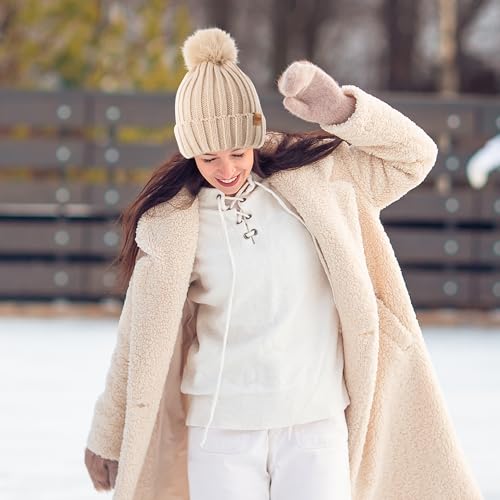REDESS Womens Winter Knitted Beanie Hat Warm Fleece Lined with Pompom Cap Thick Slouchy Snow Knit Skull Ski Cap - color: Pink