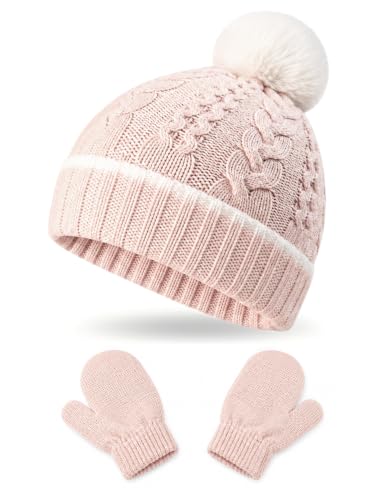2 Pack Kids Winter Warm Beanie & Mittens Set, Soft Cable Knit Hat for Children's Toddler Baby, Cozy Cap & Gloves Pink - color: Pink, size: Medium