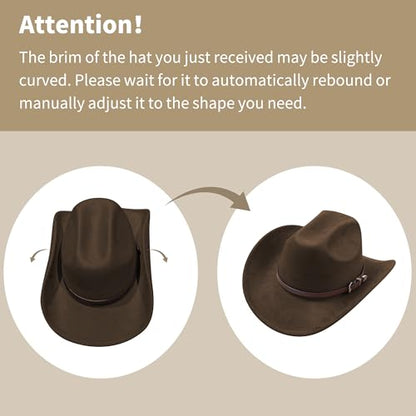 Cowboy Hats for Women and Men with Wide Brim Felt Suede Western Hats for Cowgirls and Cowboys - color: Coffee
