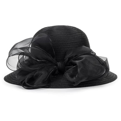 Women Kentucky Organza Derby Hat - Wide Brim Summer Sun Hat for Bridal Wedding Church Tea Party - color: Black