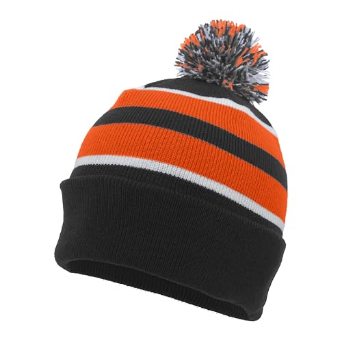 Pacific Headwear Unisex Adult Pacific Headwear Knit Fold Over Pom-pom Beanie - color: Black/Orange/White, size: One Size