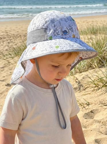 icolor Kids Sun Hat UPF50+ Sun Protection Bucket Hat Toddler Summer Beach Play Hats with Neck Flap for Girl Boy Ages 3~10 - color: Cute Dino Wilds