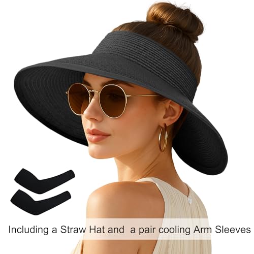 Women's Sun Visor Hats Wide Brim Straw Beach Hat Ponytail Hats for Women Foldable Floppy - color: 1pack-black Cooling Sleeves
