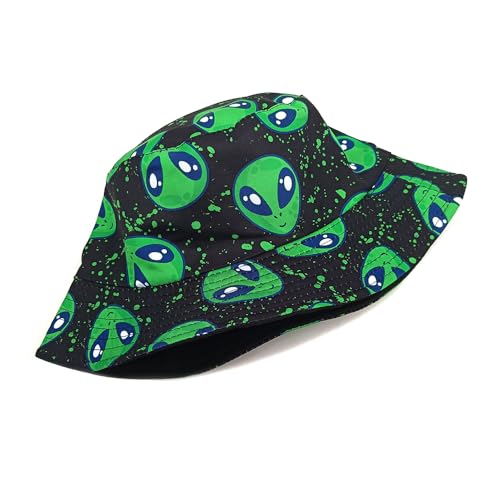 Quanhaigou Reversible Printed Bucket Hat,Summer Beach Outdoor Cap - color: Neon Green Alien