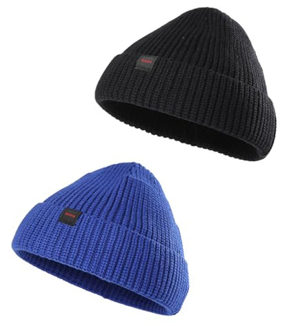 2 Pack Fisherman Beanie Hats for Men Women,Knit Trawler Skull Cap,Watch Cap,Spring Fall Winter Warm Short Hats - color: (Thick Stretchy)2pcs:black+blue(m)