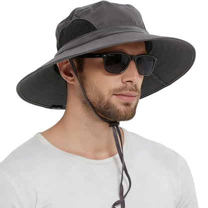 Wide Brim Sun Bucket Hat, Waterproof Boonie Hat for Men & Women - color: 01 Dark Grey