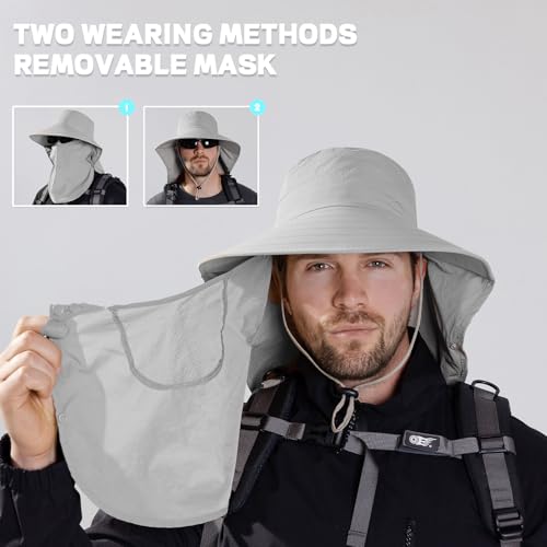 Rosoz Sun Hat for Men Women with Neck Flap& Removable Face Cover Wide Brim - color: 1pack-light Grey