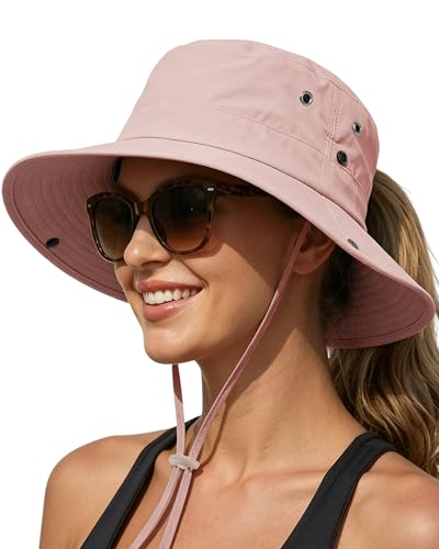 Women Sun Hat with Ponytail Hole Wide Brim Bucket Sun Protection for Summer - color: Pink