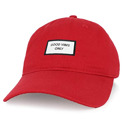 Trendy Apparel Shop Good Vibes Only Woven Patch Cotton Dad Hat - color: Red