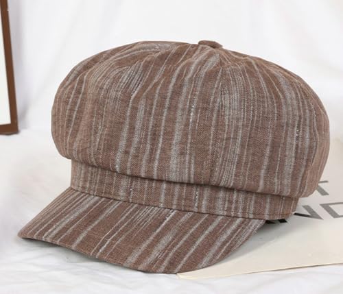 Womens Striped Octagonal Newsboy Cap Vintage Ivy Paperboy Cabbie Gatsby Painter Hats Fashion Beret Hat for Daily - color: Coffee