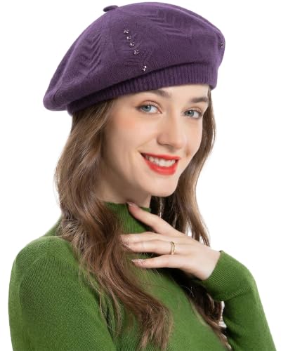ZLYC Women French Beret Hat Reversible Solid Color Knit Warm Artist Cap - color: Rhinestones Purple