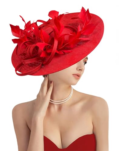 dressfan Fascinator Hats for Women,Linen Vintage Feather Headwear for Derby/Church/Wedding/Cocktail/Tea Party - color: Red