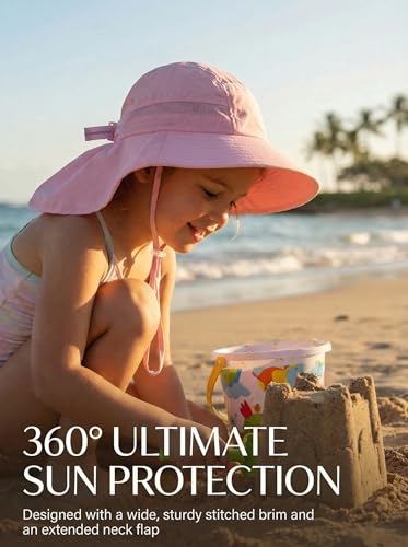 icolor Kids Sun Hat UPF50+ Sun Protection Bucket Hat Toddler Summer Beach Play Hats with Neck Flap for Girl Boy Ages 3~10 - color: Solidpink