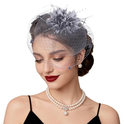 Fascinators Hats Tea Party Hats for Women Feather Veil Headband Vintage Lace Cocktail Headwear Bridal Wedding Veil Retro Hat - color: Grey