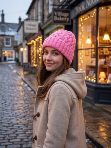 Winter Hats for Women Cable Knit Chunky Skull Cap Fleece Lined Thick Fold Cuff Beanie hat - color: Pink, style: Pineapple