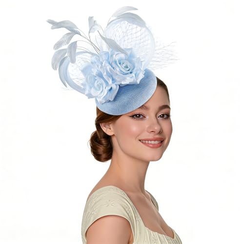 Fascinators Hat for Women Tea Party Headband Wedding Cocktail Flower Mesh Feathers Hair Clip(Blue) - color: Blue