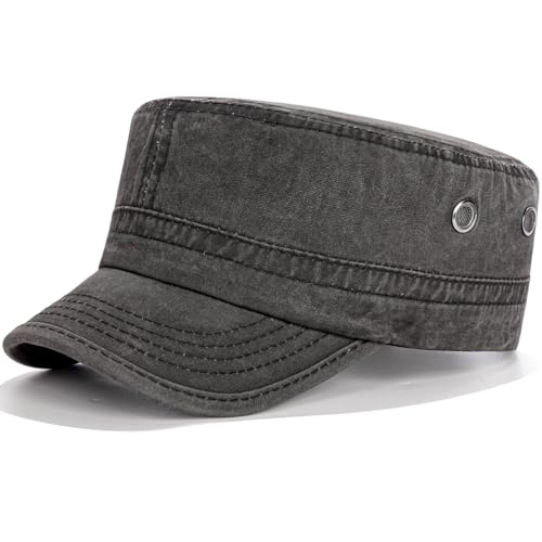 Army Cadet Cap for Men Women Washed Cotton Adjustable Flat Top Hats, Vintage Baseball Caps - color: Black 2