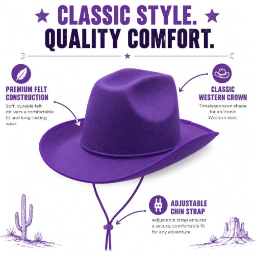 COLLECT PRESENT Plain Felt Cowboy & Cowgirl Hat for Men and Women | Western Studded Cowboy Hat in Adult Sizes - color: Purple