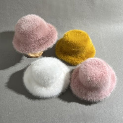 Dikoaina Faux Fur Bucket Hat for Women Girl – Oversized Brim, Super Soft & Fluffy Winter Hat - color: Pink