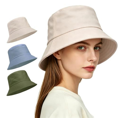 Unisex 3-Pack UV Packable Summer Bucket Sun Hats for Outdoor Activities - color: 3 Army Green/Dusty Blue/Beige