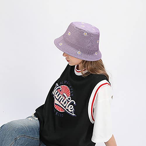 XYIYI Daisy Purple Bucket Hat Cute Beach Fisherman Hats for Women, Reversible Double-Side-Wear