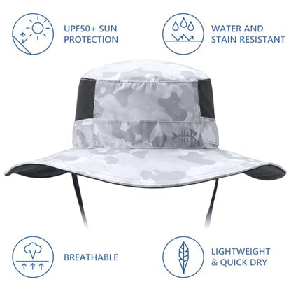 BASSDASH UPF 50+ Fishing Sun Hat Water Resistant Unisex Wide Brim Bucket Boonie Hat for Hiking Camping Safari FH15 - color: Light Grey Camo, size: Large