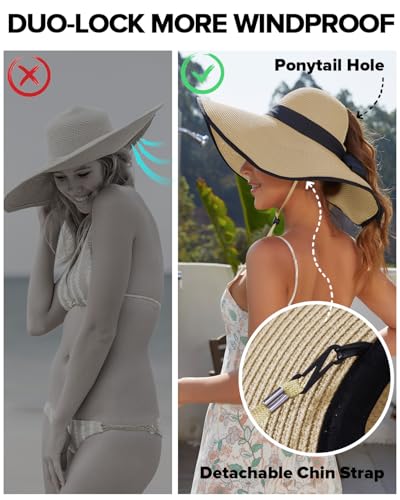 Sun Beach Hats for Women with Ponytail Hole, Floppy Wide Brim Beach Hat, Straw Summer Packable Sunhat Foldable Sun Protection - color: Beige, size: Medium