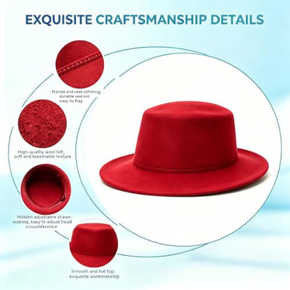 Fedora Flat Hat Classic Wide Brim Cap Panama Style Jazz Hat for Wedding Party Talent Performance Xmas Gift Unisex - color: Red