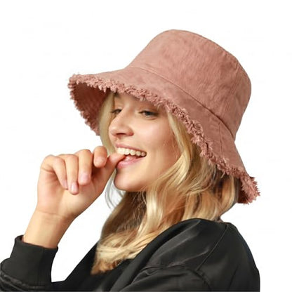 CHOK.LIDS Frayed Bucket Hat Washed Cotton Floppy Wide Brim Boonie Cap - color: Antique Rose