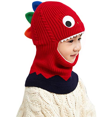 Kids Boys Girls Dinosaur Winter Knit Hat Baby Toddler Thick Scarf Earflap Hood Scarves Skull Caps - color: Red(2-7years Old)