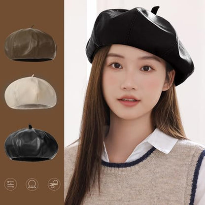 Women Classic PU Leather French Beret Beanie Hat Pumpkin Cap - color: Black B#