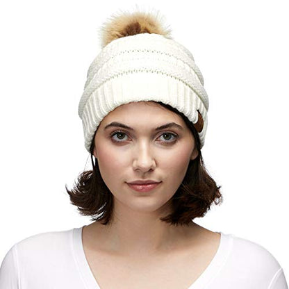 C.C Fur Pom Winter Fall Trendy Chunky Stretchy Cable Knit Beanie Hat - color: Solid Ivory