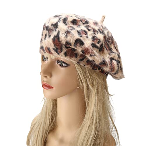 Fluffy Leopard Print Beret Hat Trendy Cheetah Pattern French Hats Winter Warm Artist Caps for Women Lady - color: Camel