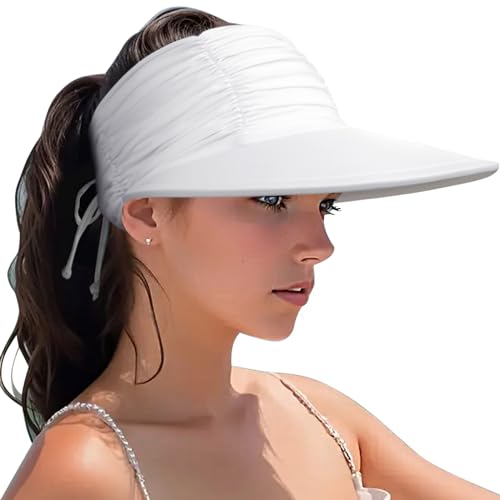 Women Visor Sun Hat Adjustable Foldable Wide Brim Sun Hats Summer UPF 50+ UV Protection Visor Cap for Outdoor Beach - color: White a
