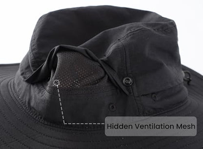 Connectyle Sun Hat for Men Women Outdoor UV Protection Safari Hat for Fishing Hiking Gardening Breathable Cowboy Hat UPF50 - color: Black