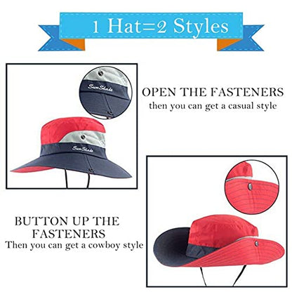 Outdoors Tribe Foldable Sun Hat for Women, Beach Foldable Mesh Fishing Cap, Wide Brim Ponytail Sun Hat - color: Orange
