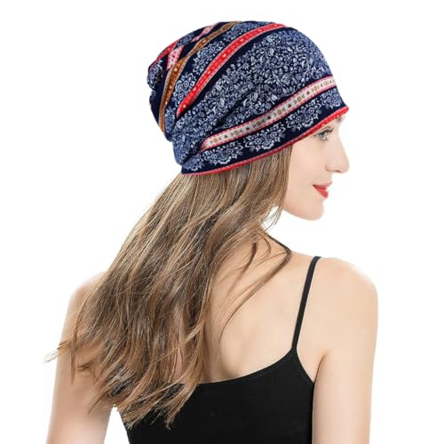 XYIYI Womens Chemo Headwear Hats Cotton Slouchy Beanie Cap Scarf - color: 2pcs Stripe Flower Navy Pink