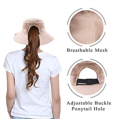 Muryobao Women's Ponytail Sun Hat UV Protection Foldable Mesh Wide Brim Beach Fishing Hat - color: Pure Pink