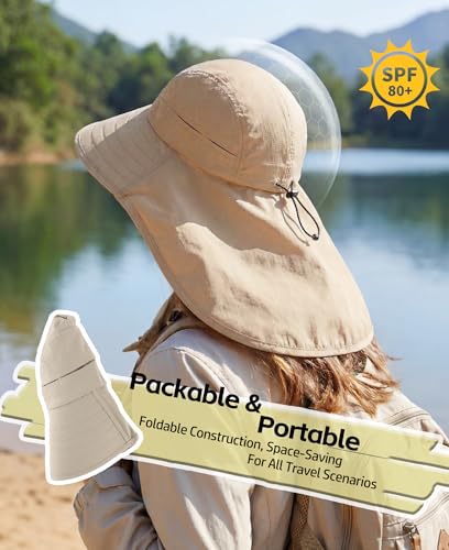 Home Prefer UPF 80+ Sun Hat for Men Women Wide Brim Sun Hat with Neck Flap Summer Beach UV Protection Gardening Fishing Hat - color: Khaki
