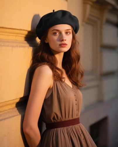 Wool French Beret Hats for Women Classic Winter Beanie Cap - color: Black