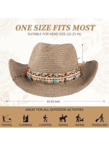 Hat for Summer - Women's Straw Cowboy Hat with Turquoise Starfish Beaded Band and Adjustable Chin Strap - Coastal Boho Western Sun Hat in Khaki