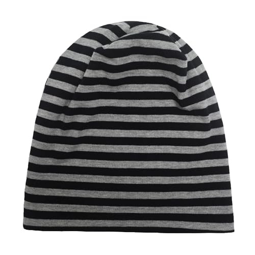 ZLYC Cotton Thin Slouchy Beanie Hat for Men Women Stretch Skull Cap - color: Striped Black and Gray, size: One Size