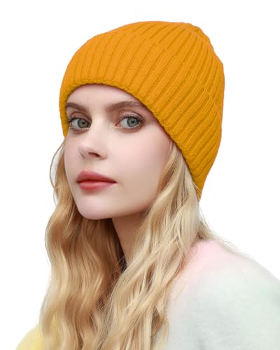 ROYBENS Womens Satin Lined Beanie for Men Wool Knit Cuffed Warm Winter Hats - color: 1pcs-yellow