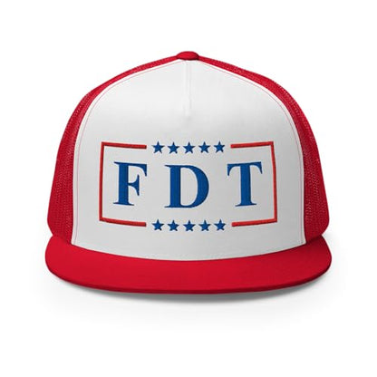 NX FDT Embroidered Flat Bill Trucker Hat High Crown Adjustable FDT Hat - color: Red/ White/ Red