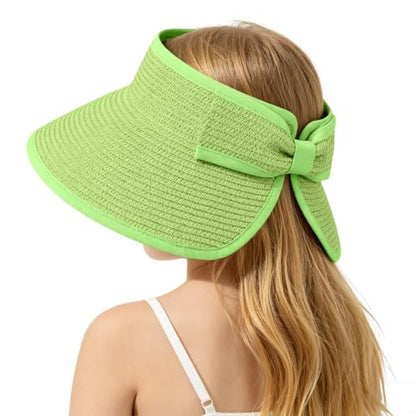 ZOORON Girls Straw Sun Visor Hat, Wide Brim Ponytail Beach Hat with Bow - color: Apple Green