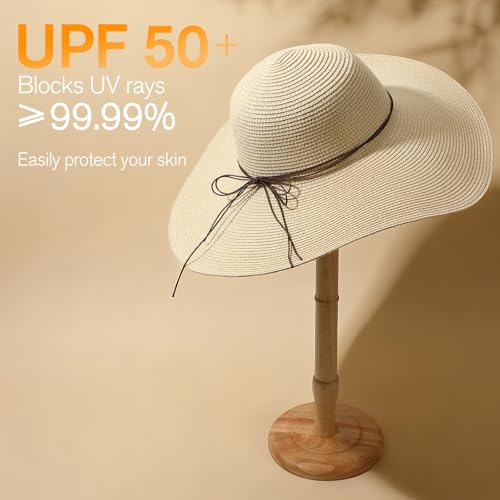 Women's Sun Straw Hat Wide Brim Floppy Foldable Hats Beach Travel Summer Vacation Hat UPF 50+ - color: Light Beige