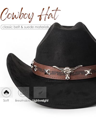 Western Cowboy Hat for Men Wide Brim Suede Cattleman Cowgril Hats - color: Coffee Belt/Black